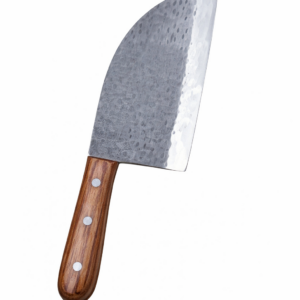 The Mammoth Knife with wide hammered steel blade and wooden handle