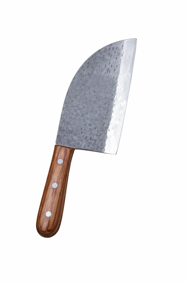 The Mammoth Knife with wide hammered steel blade and wooden handle